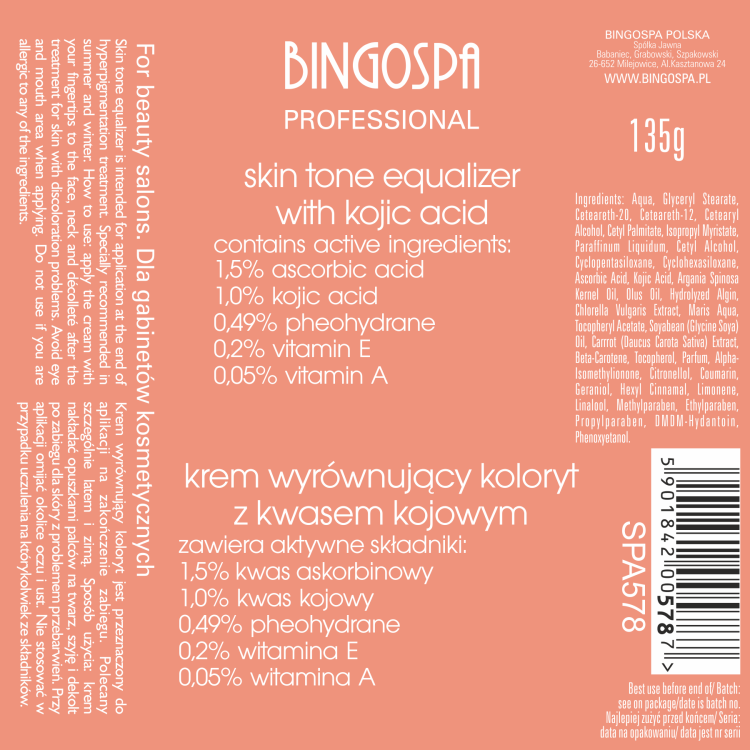 Krem wyrównujący koloryt z kwasem kojowym 135 g BINGOSPA Professional