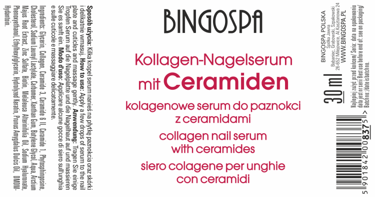 Serum kolagenowe do paznokci z ceramidami nawilżenie i wzmacnianie struktury 30 ml BINGOSPA