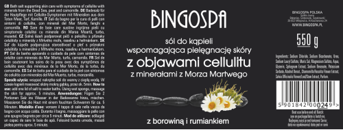 CELLULIT Sól do kąpieli wspomagająca pielęgnację skóry z objawami cellulitu, z minerałami z Morza Martwego, borowiną i rumiankiem BINGOSPA etykieta