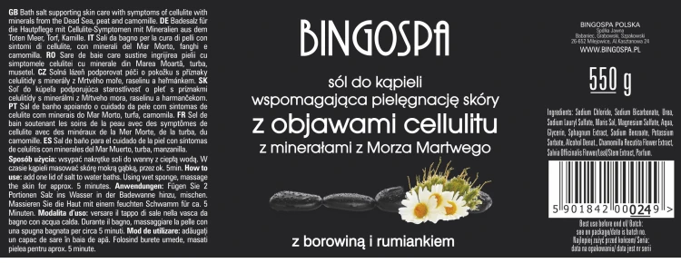 CELLULIT Sól do kąpieli wspomagająca pielęgnację skóry z objawami cellulitu, z minerałami z Morza Martwego, borowiną i rumiankiem BINGOSPA etykieta