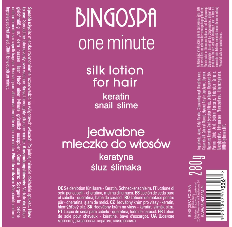 Jedwabne mleczko do włosów - keratyna, śluz ślimaka BINGOSPA one minute