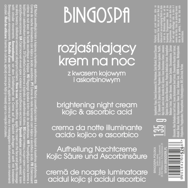 Rozjaśniający krem na noc z kwasem kojowym i askorbinowym BINGOSPA