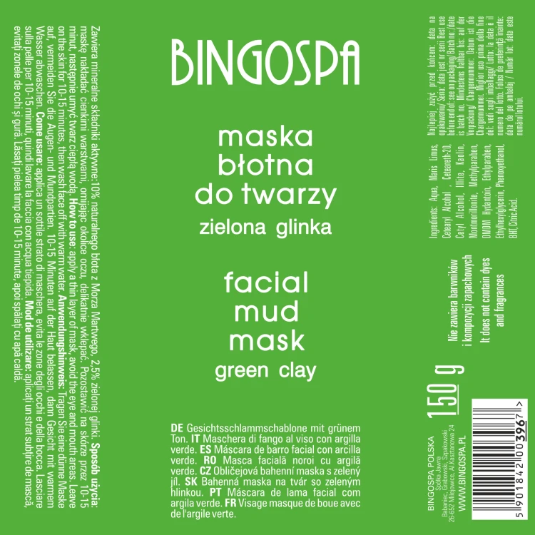 Maska błotna do twarzy z zieloną glinką BINGOSPA