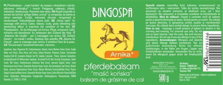 Maść końska  ekstrakt z arniki 500 g BINGOSPA  etykieta