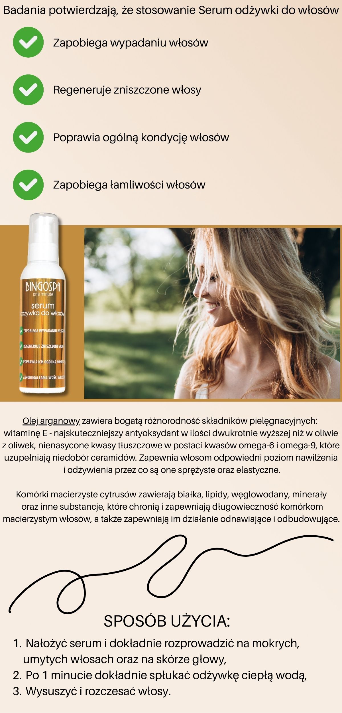 Olej arganowy zawiera bogatą różnorodność składników pielęgnacyjnych:  witaminę E - najskuteczniejszy antyoksydant w ilości dwukrotnie wyższej niż w oliwie z oliwek, nienasycone kwasy tłuszczowe w postaci kwasów omega-6 i omega-9, które uzupełniają niedobór ceramidów. Zapewnia włosom odpowiedni poziom nawilżenia  i odżywienia przez co są one sprężyste oraz elastyczne. Komórki macierzyste cytrusów zawierają białka, lipidy, węglowodany, minerały  oraz inne substancje, które chronią i zapewniają długowieczność komórkom macierzystym włosów, a także zapewniają im działanie odnawiające i odbudowujące.